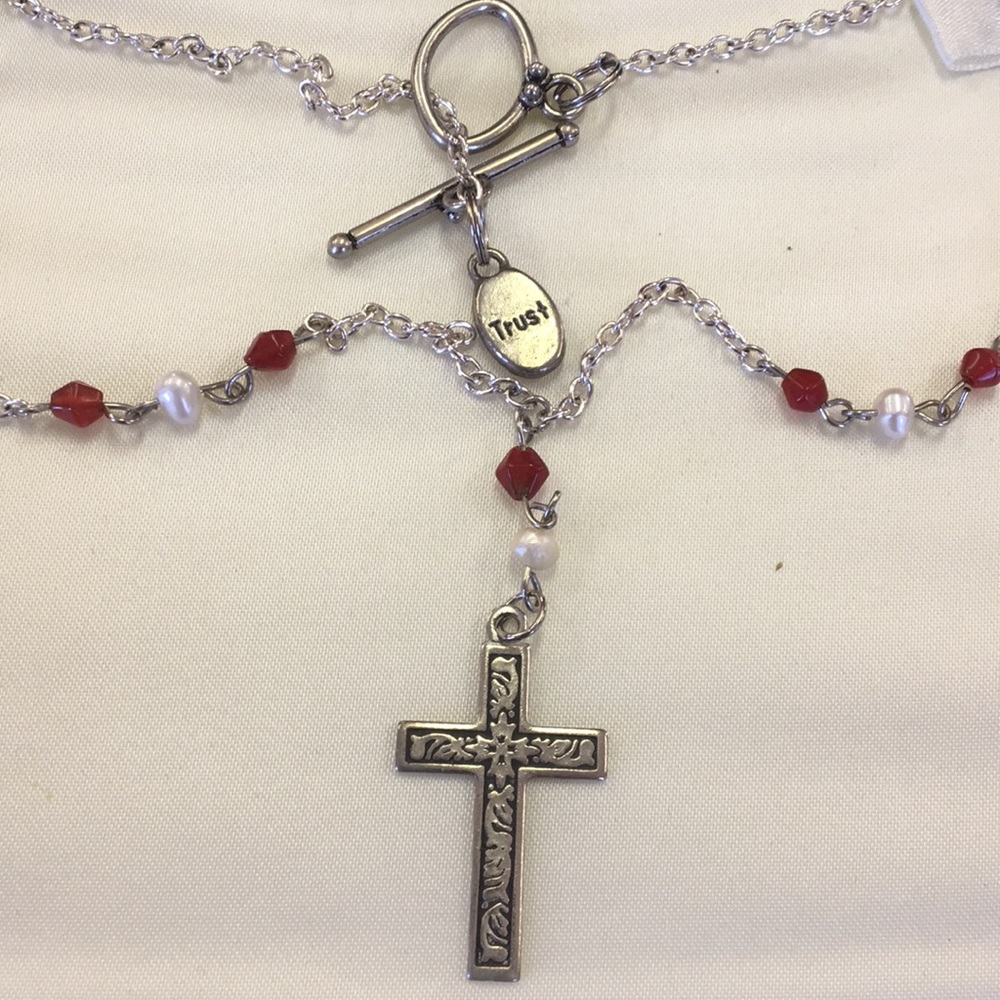 Silver cross necklace with red & white beads